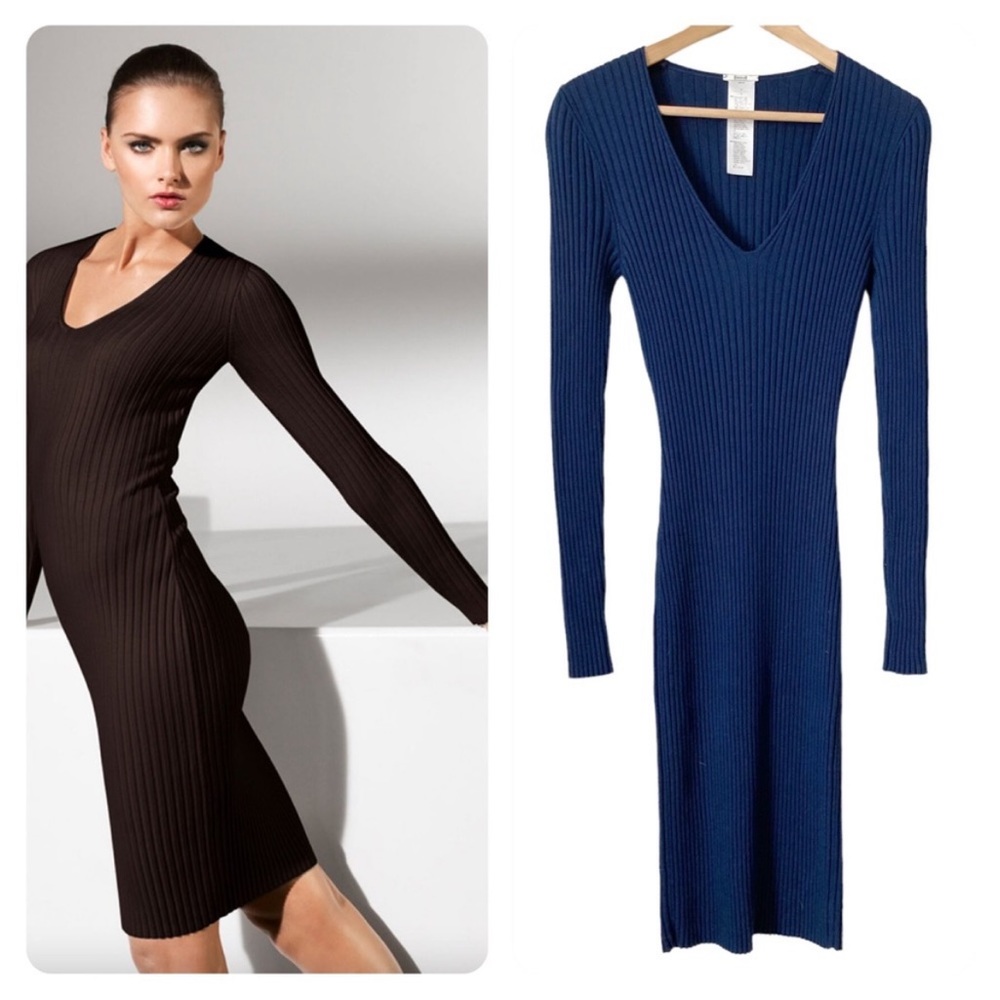 WOLFORD Women’s Navy Blue Merino Ribbed Long Sleeve Sweater Dress